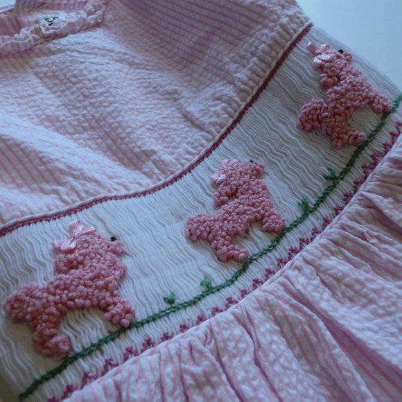Vintage Smocked Pink Stripe Poodles Sheersucker Girl Size 7 Dress by Royal Child - Picture 8 of 10